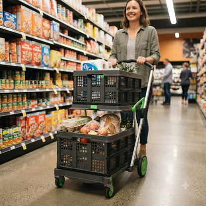 Woman pushing EasyRoll trolley through grocery aisle